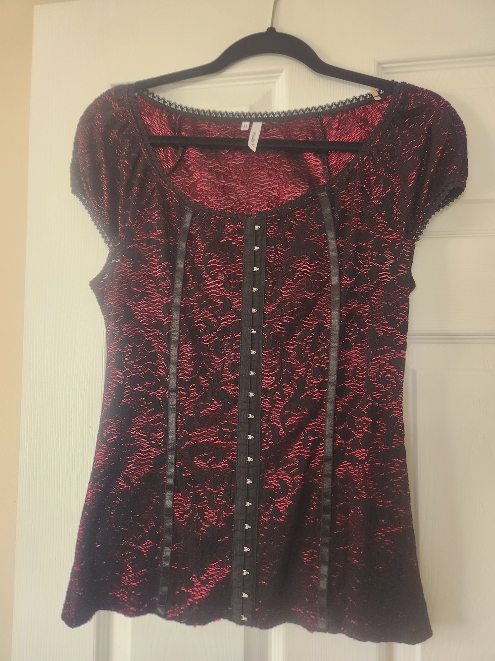 Studio Y Red and Black Metallic Lace Knit Top